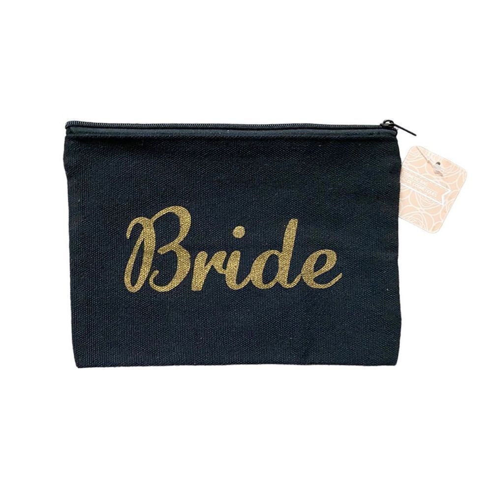 Bride Novelty Small Canvas Cosmetic Zip Top Bag Black & Metallic Gold Glitter OS